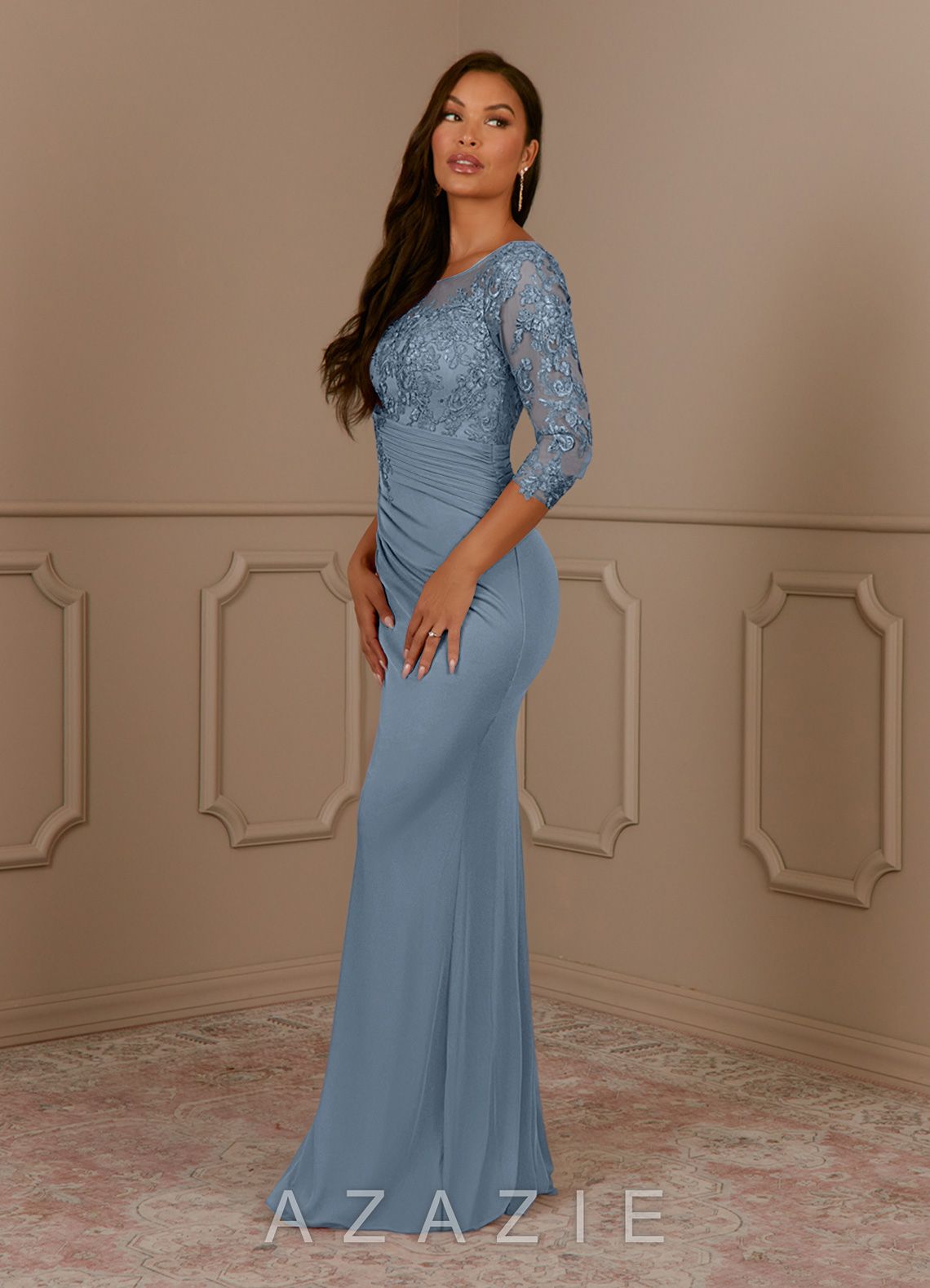 Azazie Fatemah Dusty Blue Mermaid Scoop Lace Lace Dress dusty_blue