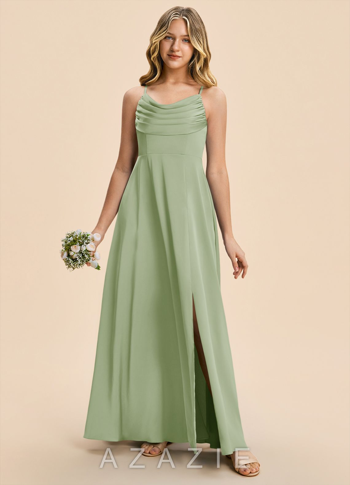 Azazie Gia Junior Dusty Sage A-Line Pleated Stretch Satin Dress dusty_sage