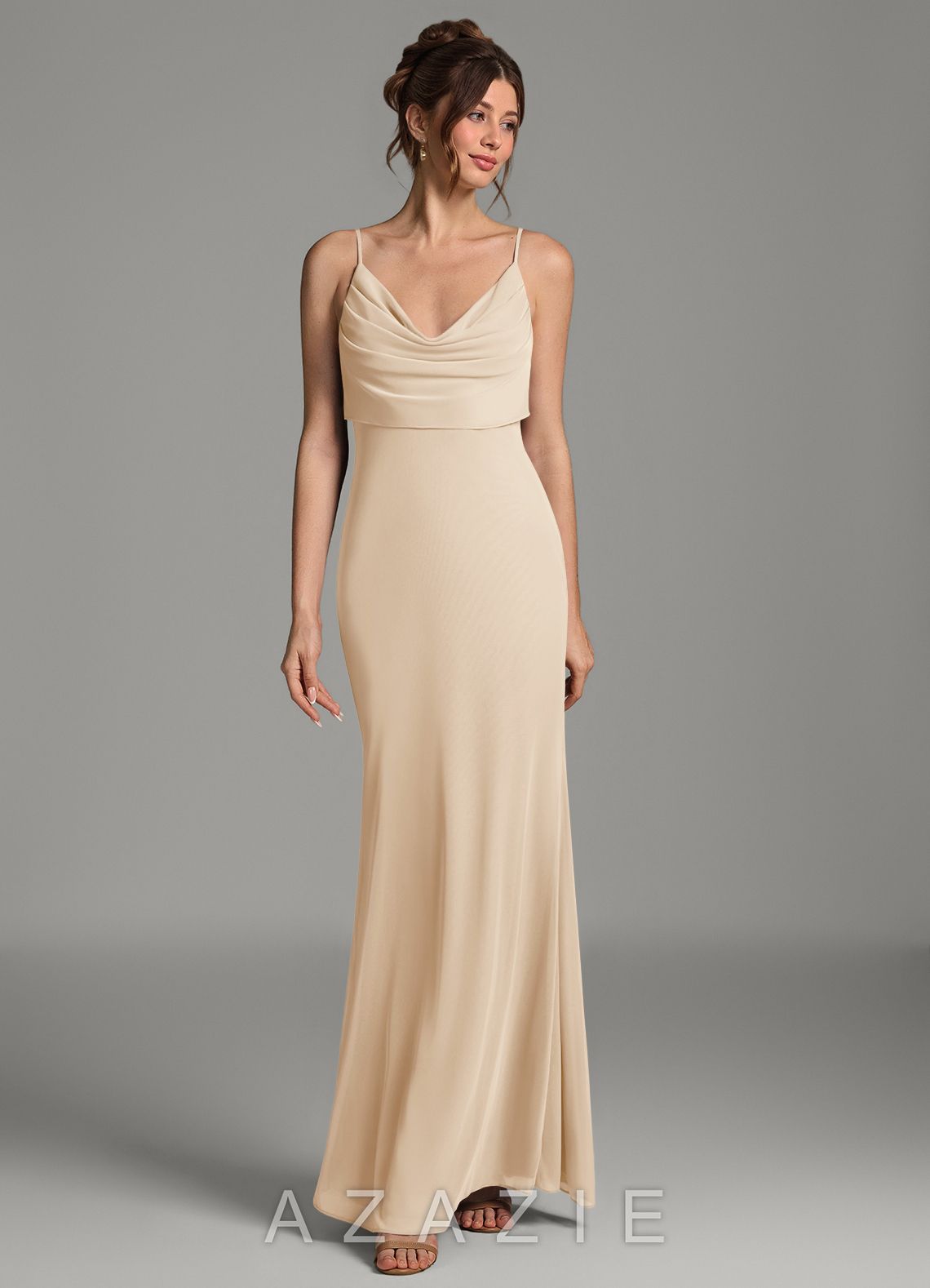 Azazie Zari Champagne Mermaid Pleated Mesh Dress