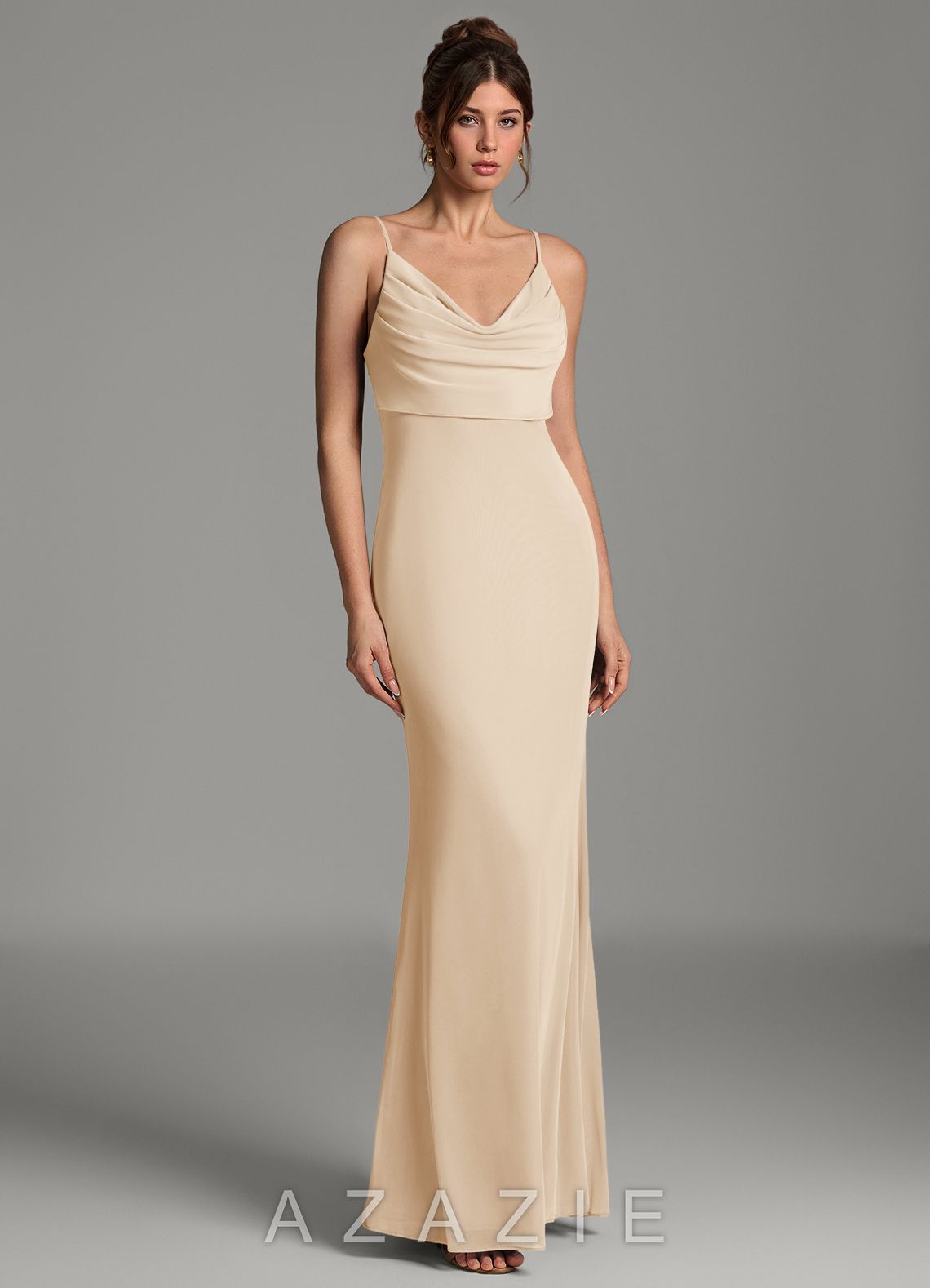 Azazie Zari Champagne Mermaid Pleated Mesh Dress champagne