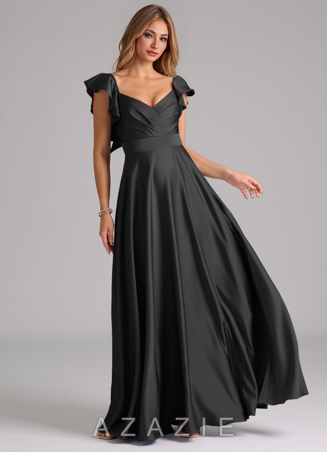 Azazie Leilani Black A-Line Ruched Stretch Satin Dress