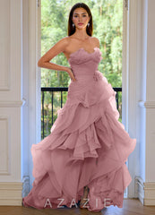 Aurelia Dusty Pink Floral Sweetheart Neckline A-line Ruffle Asymmetrical Prom Dr