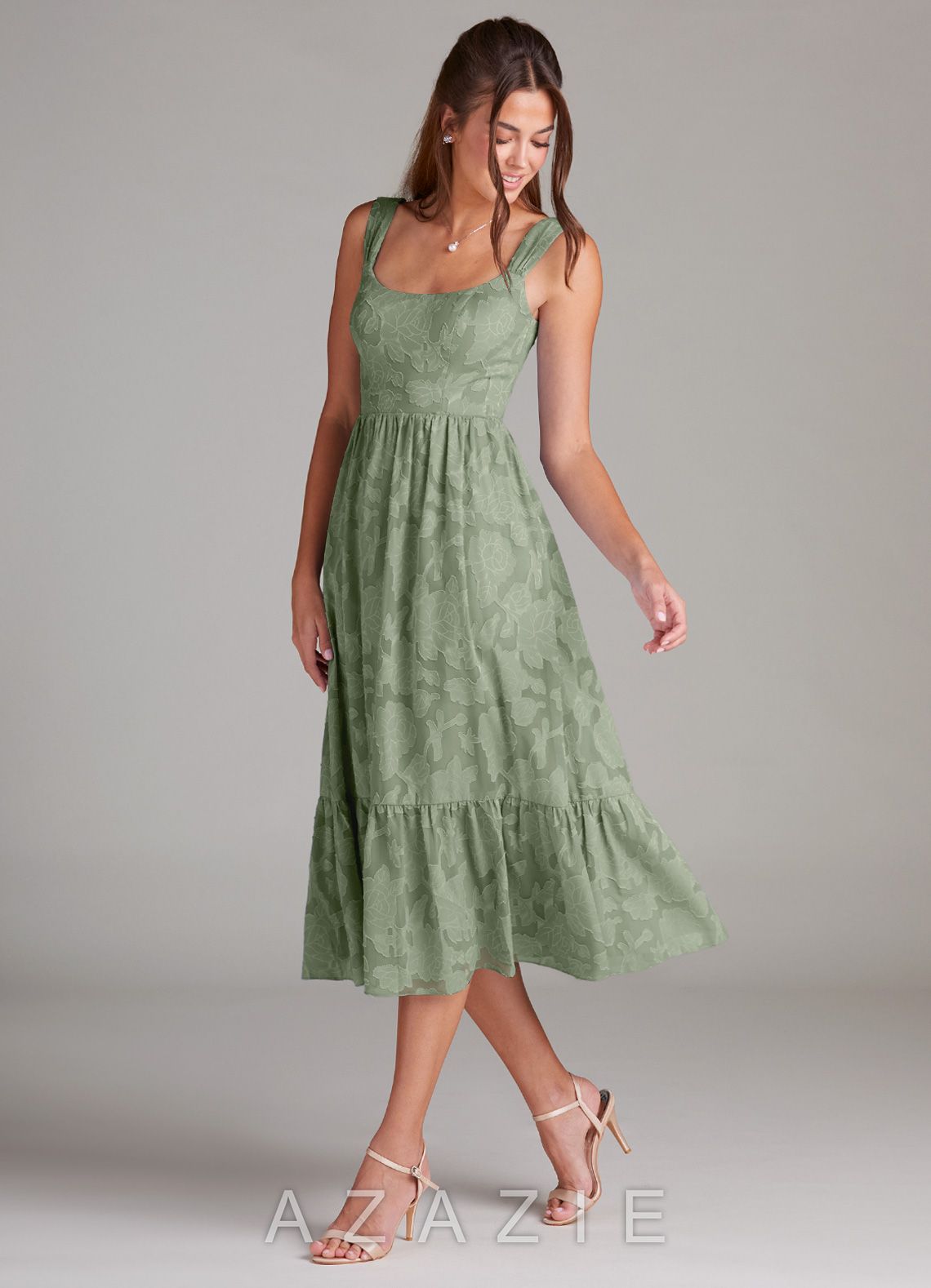 Azazie Alissa Agave A-Line with Pockets Floral Burnout Dress agave
