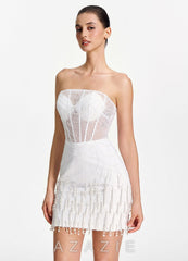 Malvina White Strapless Mesh Corset Pearl Fringe Mini Dress
