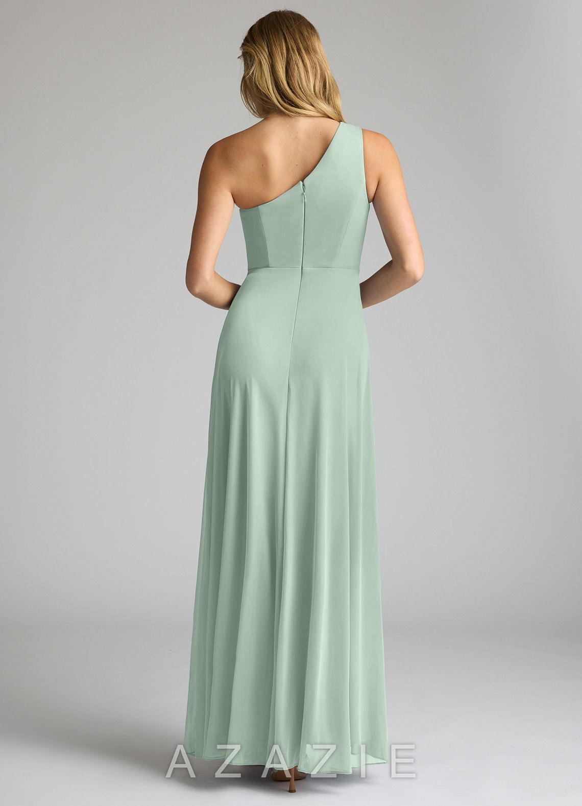 Azazie Brooke Agave A-Line One Shoulder Mesh Dress agave