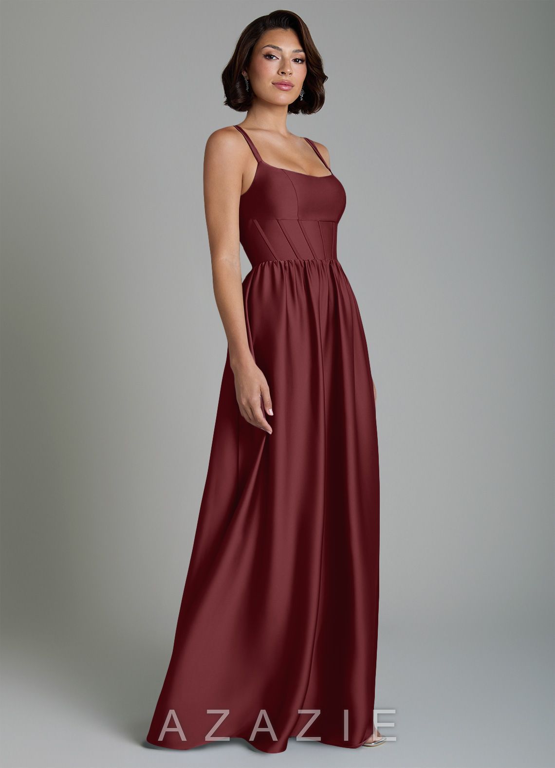 Azazie Mona Cabernet A-Line Corset Stretch Satin Dress cabernet