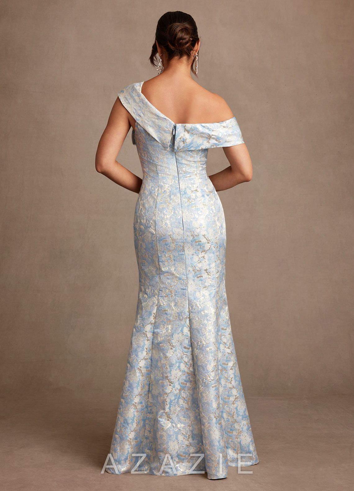 Azazie Zephyra Dusty Blue Mermaid Off the Shoulder Jacquard Dress dusty_blue