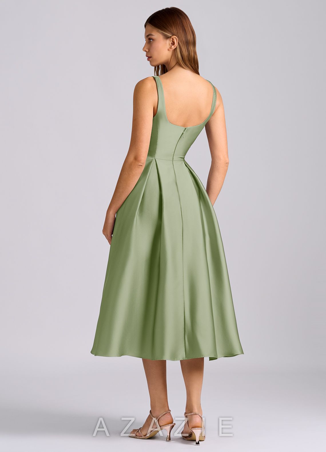 Azazie Amalie Dusty Sage A-Line Pleated Stretch Satin Dress dusty_sage