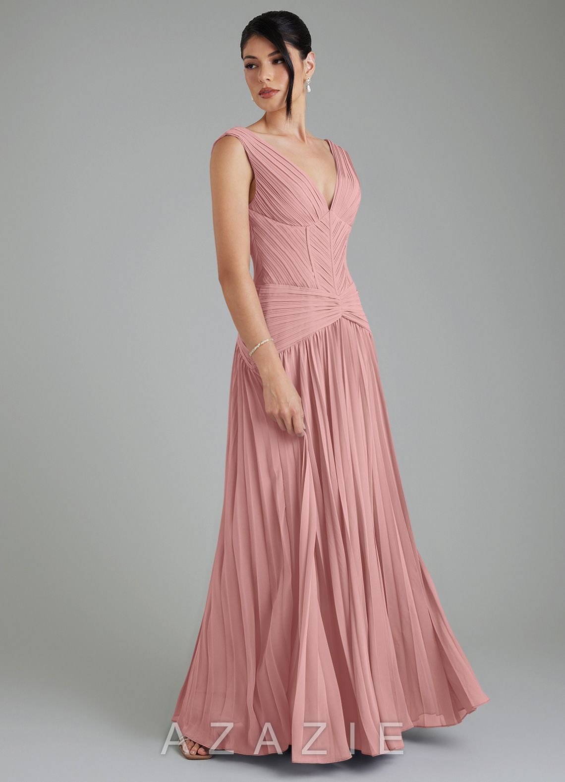 Azazie Kima Dusty Rose A-Line Pleated Chiffon Dress dusty_rose