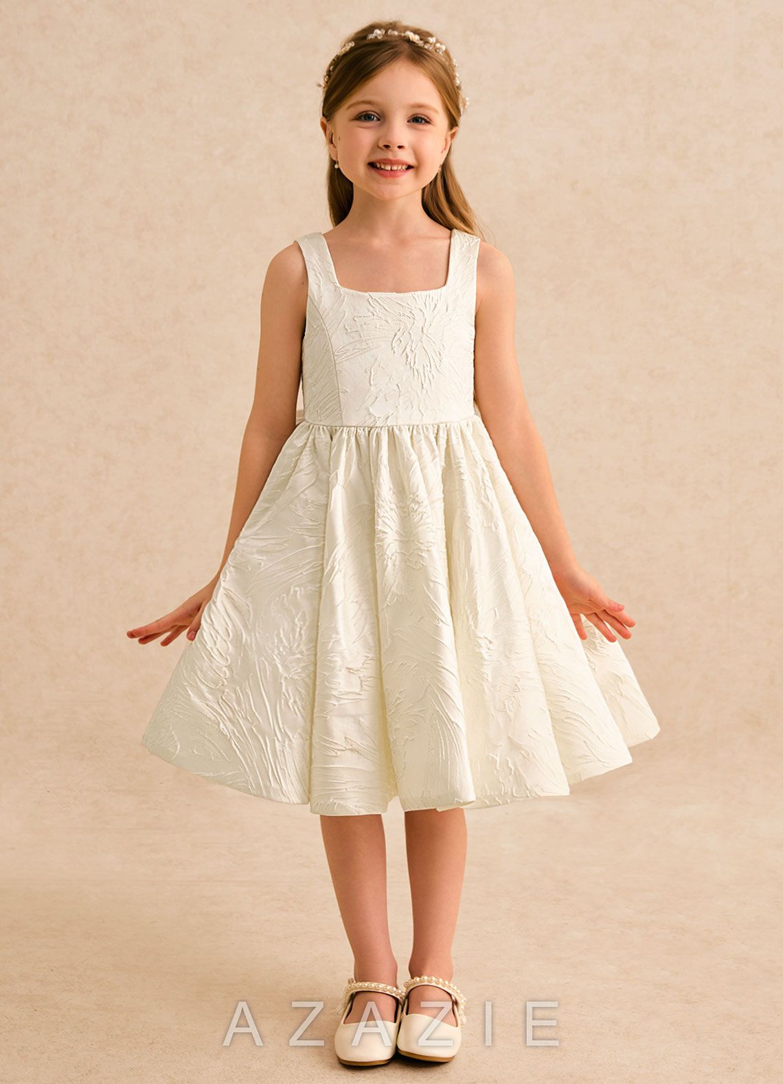 Azazie Honeybun Antique White A-Line Bow Floral Jacquard Dress antique_white