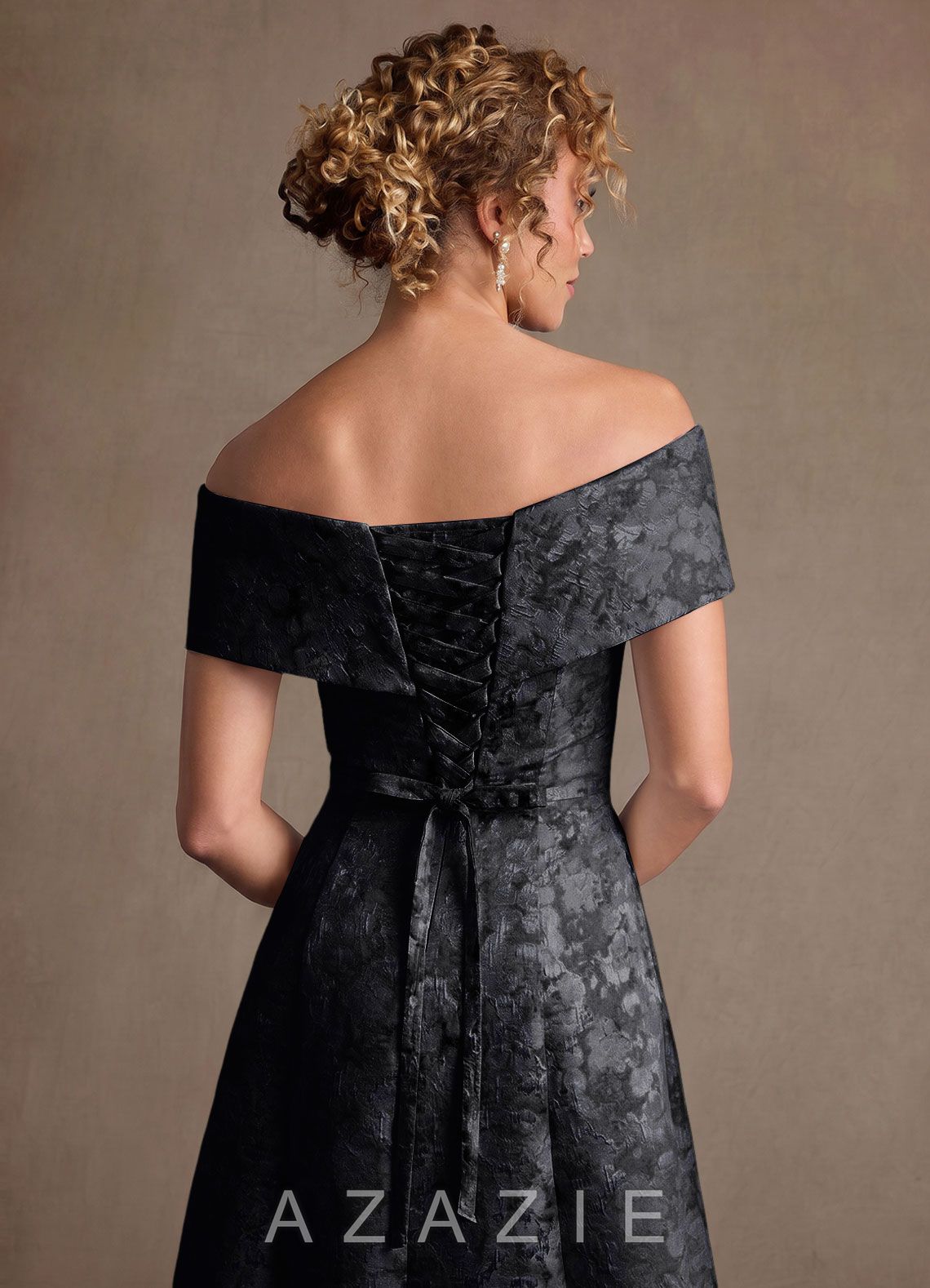 Azazie Harriett Black A-Line Off the Shoulder Floral Jacquard Dress black