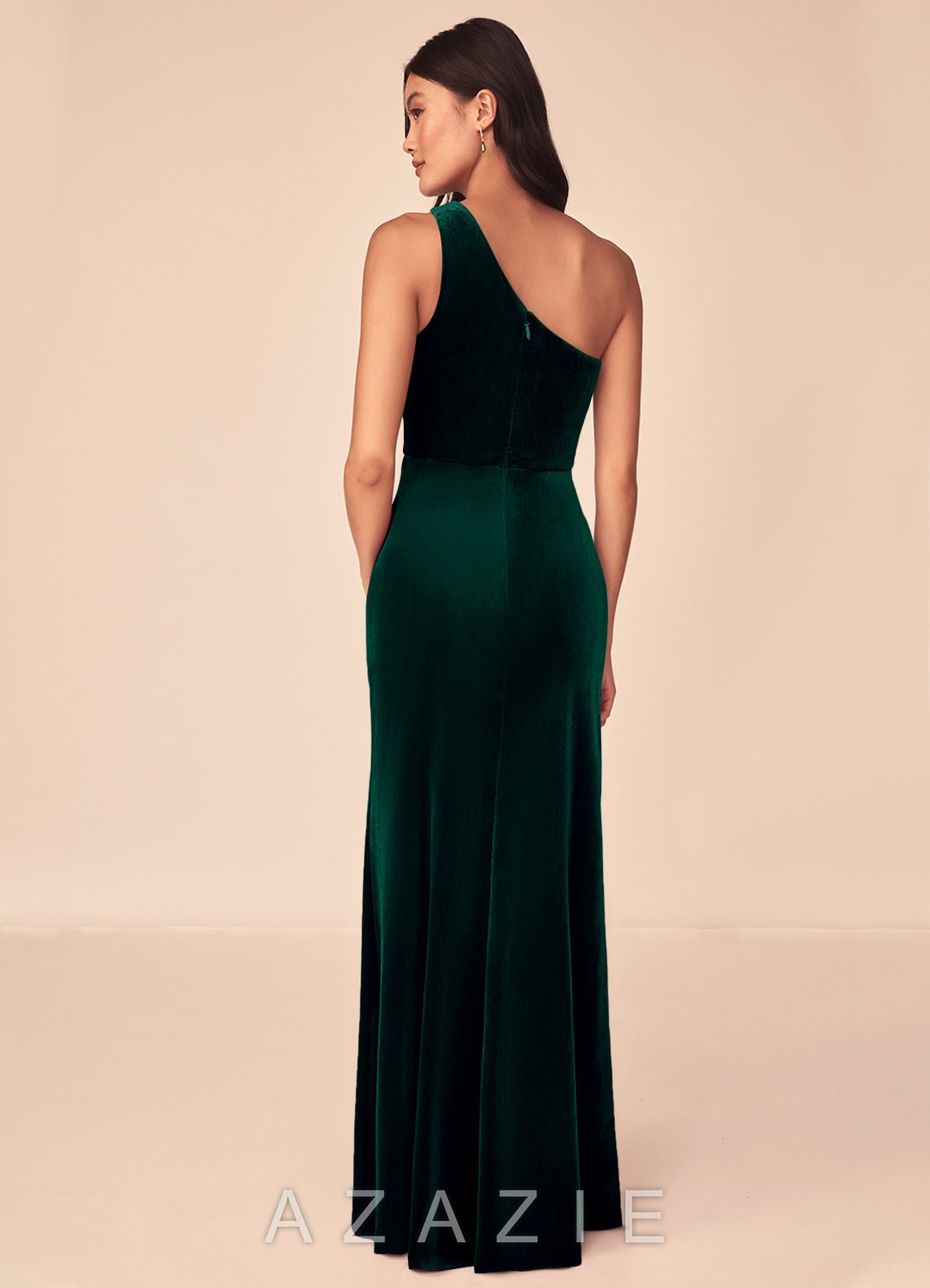 Azazie Argan Emerald Mermaid One Shoulder Pleated Velvet Dress emerald