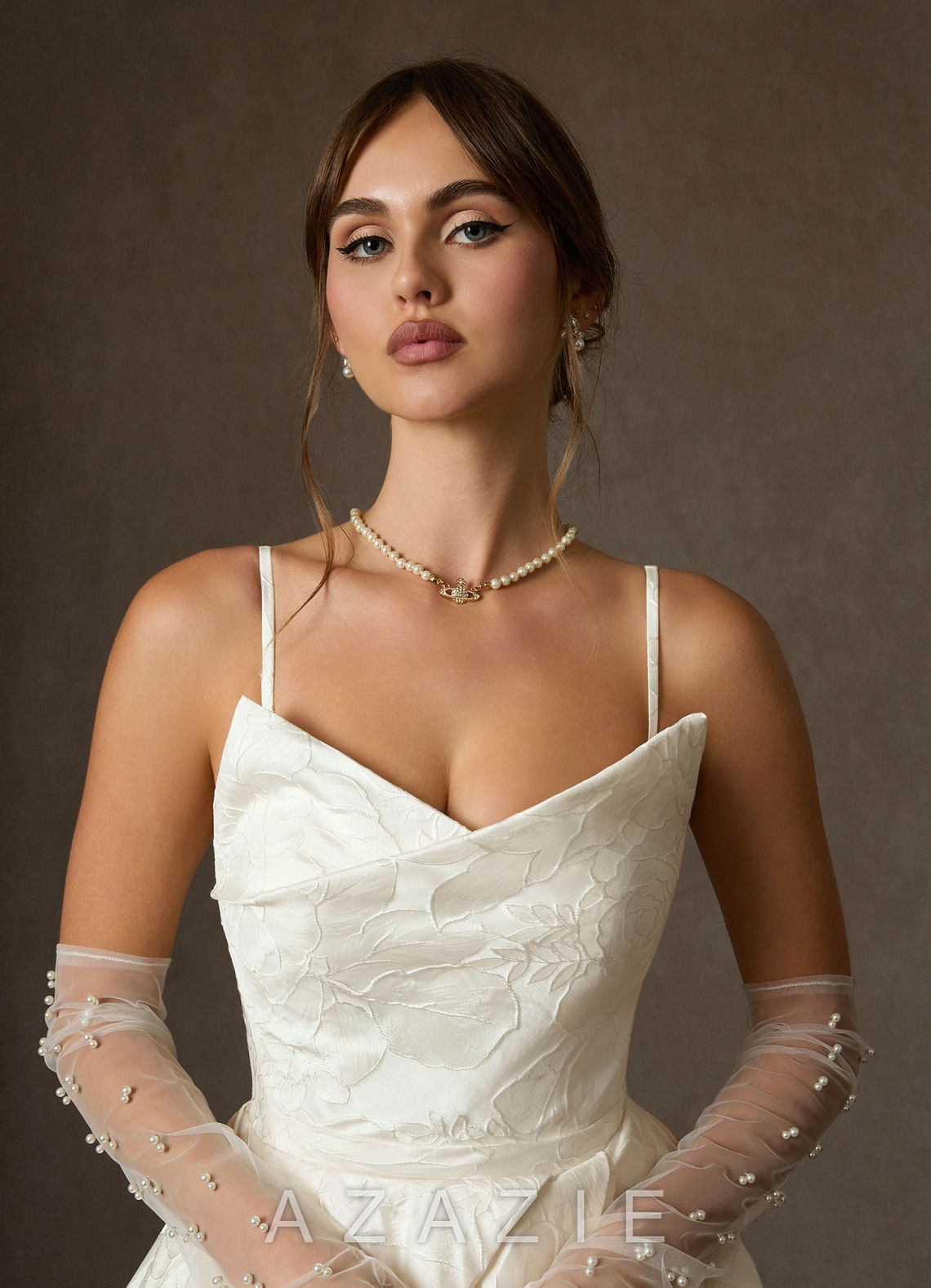 Azazie Allira Antique White Ball-Gown Strapless Floral Jacquard Dress