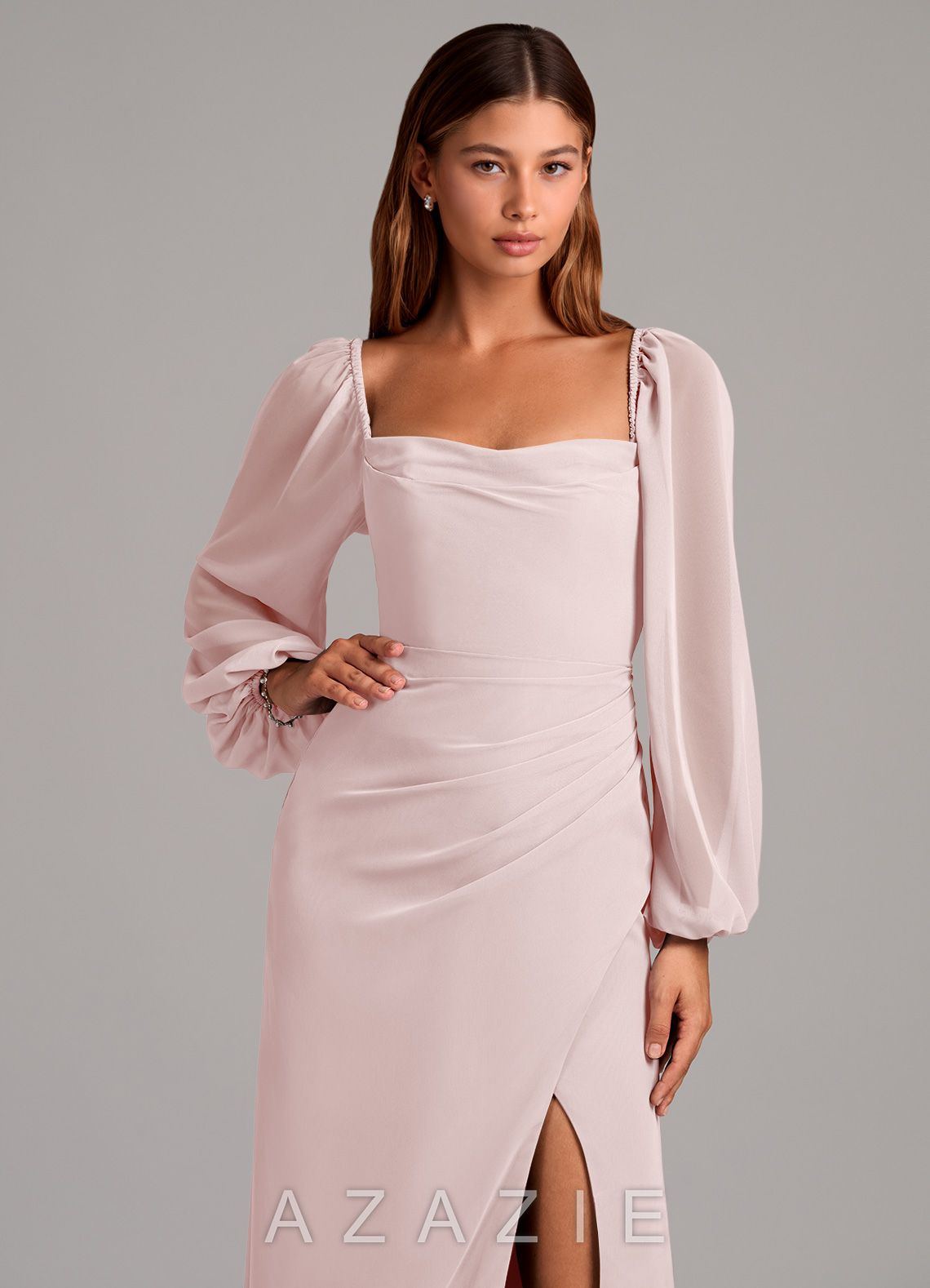Azazie Brixley Blushing Pink Mermaid Long Sleeve Chiffon Dress blushing_pink