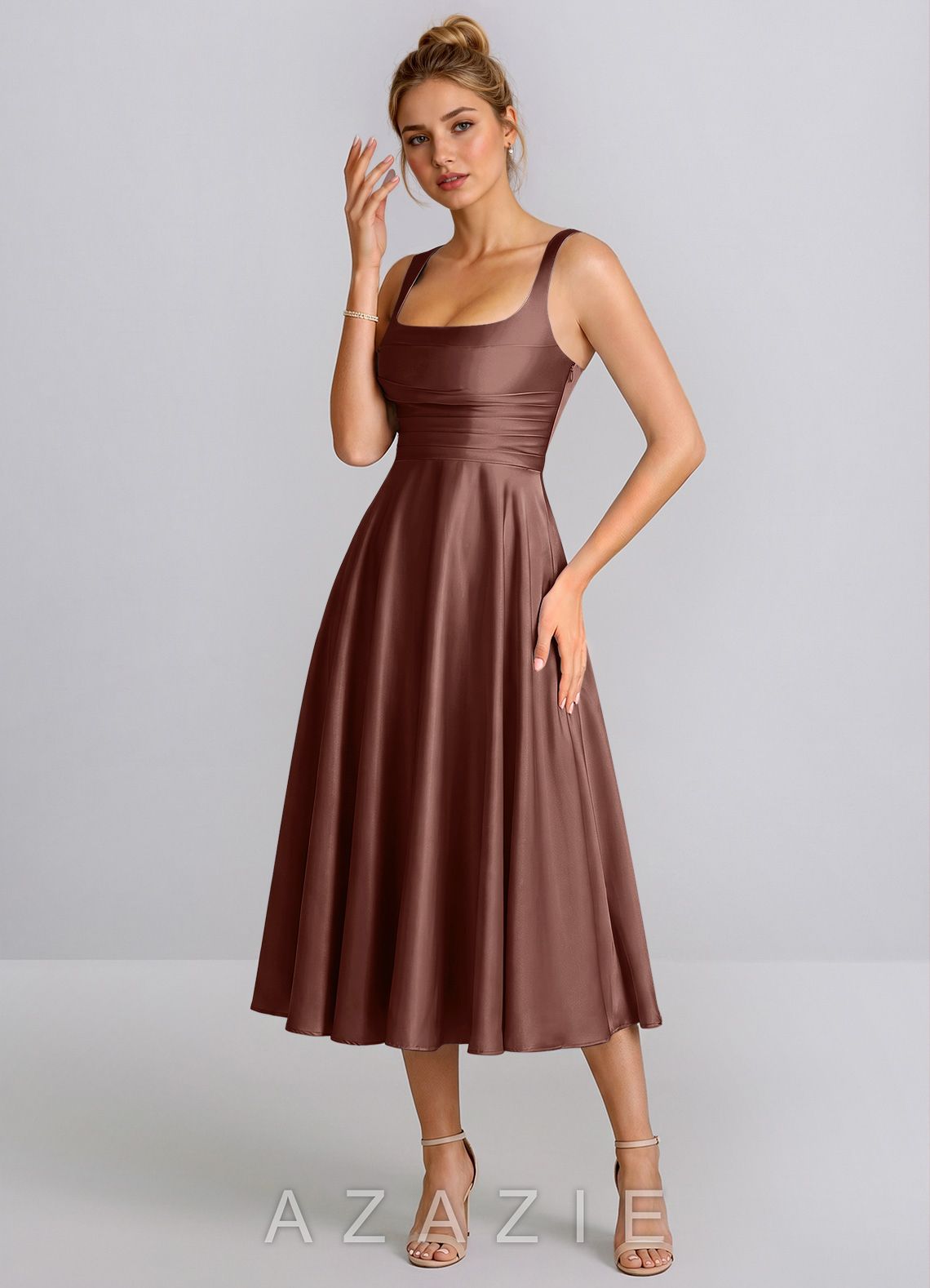 Ines Mocha Coco Square Neck Satin Lace-Up A-Line Midi Dress