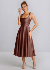 Ines Mocha Coco Square Neck Satin Lace-Up A-Line Midi Dress