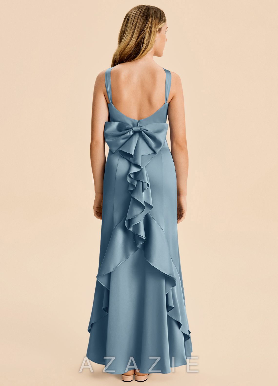 Azazie Ayah Junior Dusty Blue Mermaid High Neck Stretch Satin Dress dusty_blue