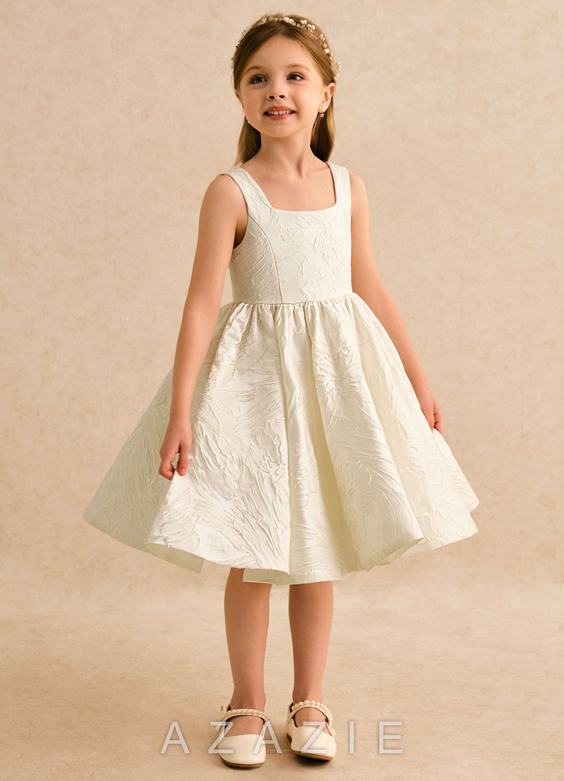 Azazie Honeybun Antique White A-Line Bow Floral Jacquard Dress antique_white