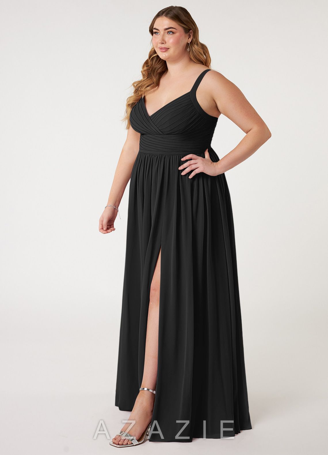Azazie Chanel Black A-Line Pleated Chiffon Dress black