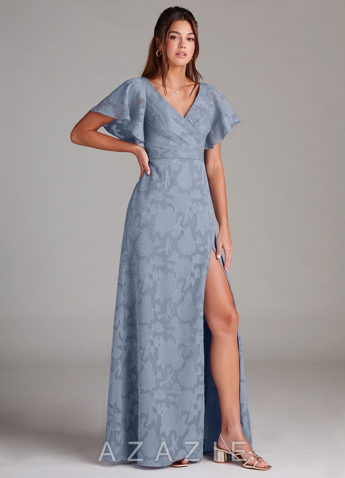 Azazie Ambrosia Dusty Blue A-Line Pleated Floral Burnout Dress dusty_blue