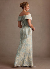 Azazie Kaddar Vintage Blue Sheath Off the Shoulder Floral Jacquard Dress vintage_blue