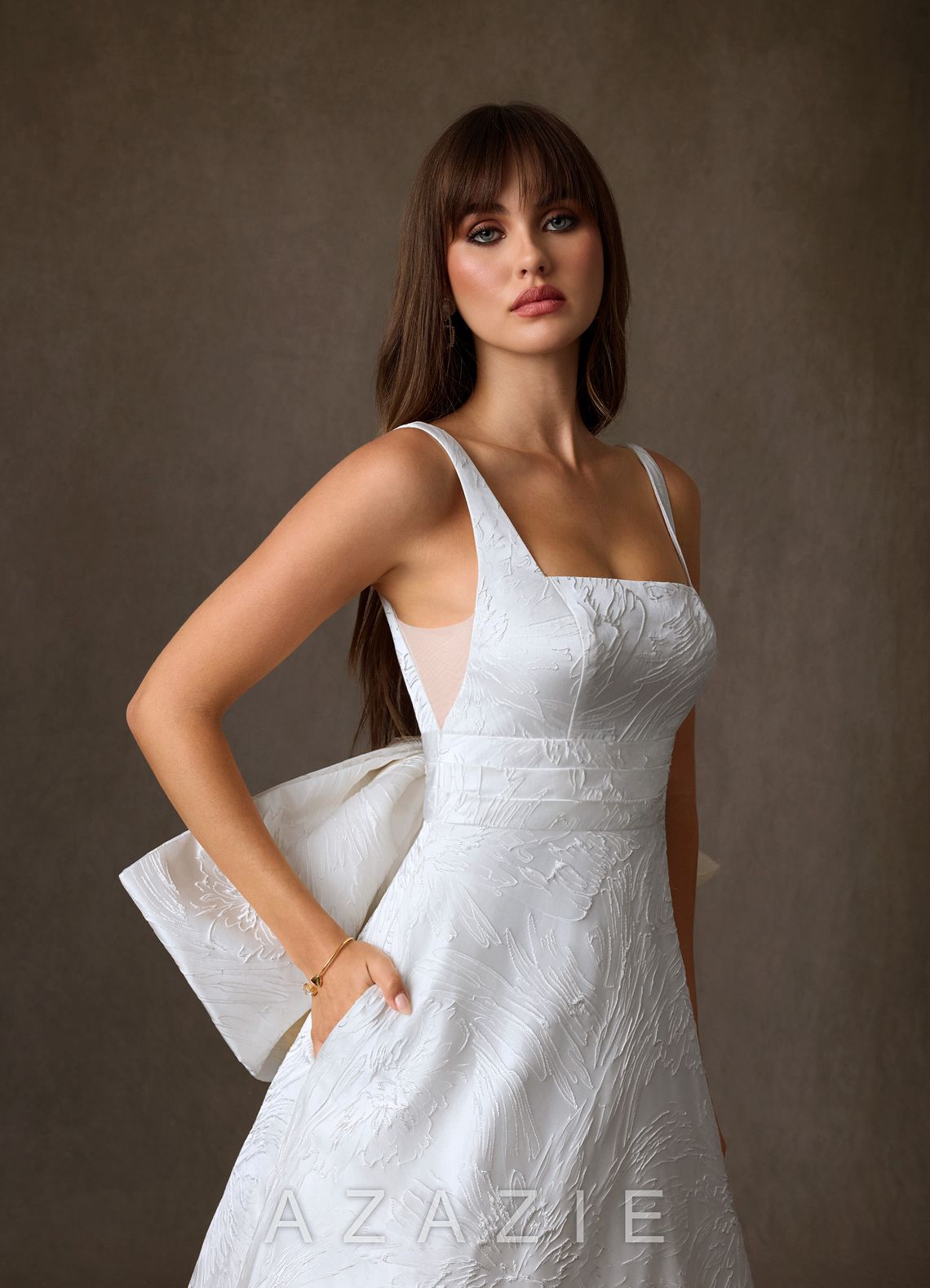 Azazie Cheyenne Diamond White A-Line with Pockets Floral Jacquard Dress diamond_white