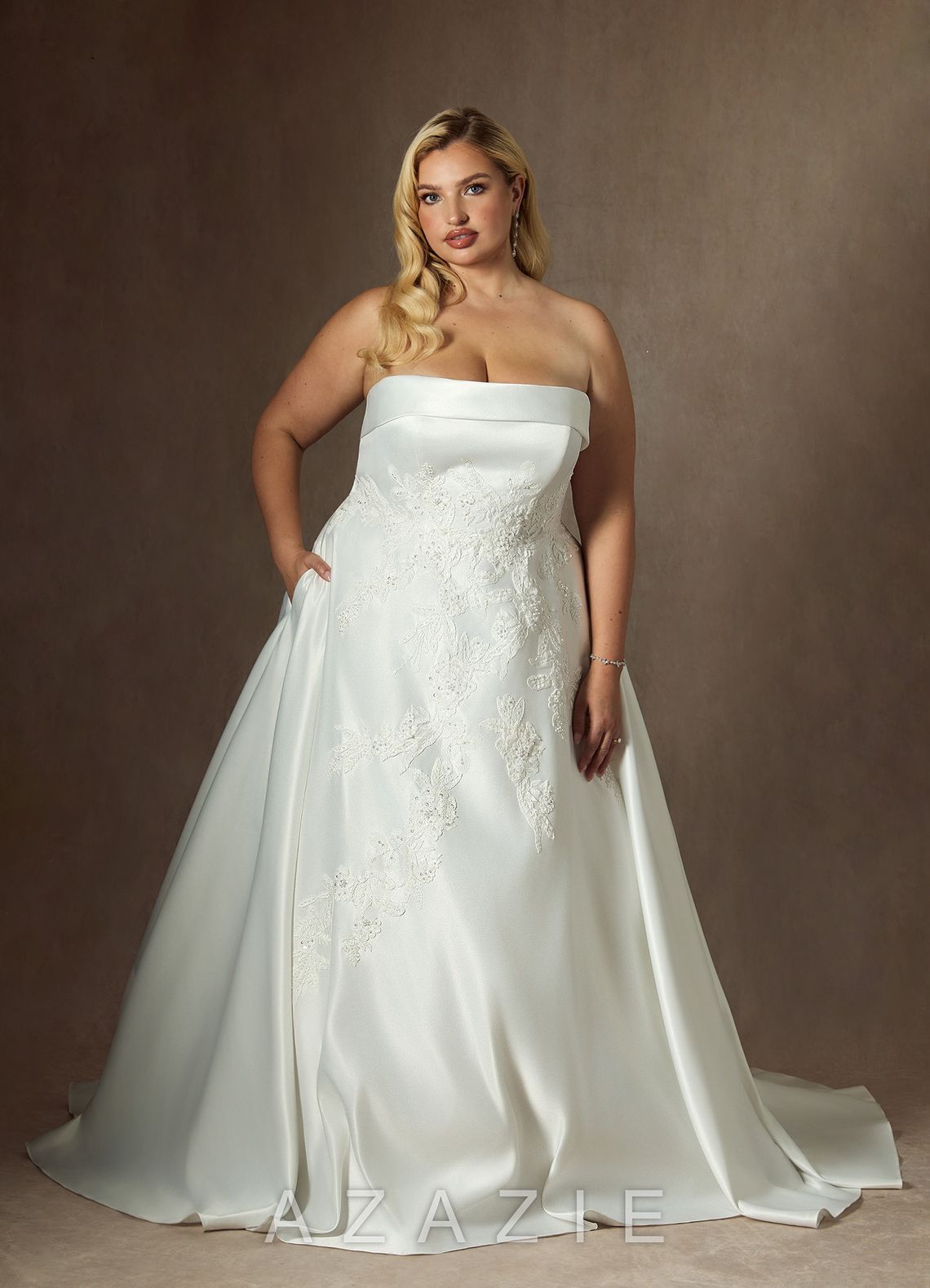 Azazie Fernanda Diamond White Ball-Gown Strapless Satin Dress diamond_white