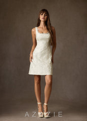 Azazie Janet Antique White A-Line Square Neckline Floral Jacquard Dress antique_white