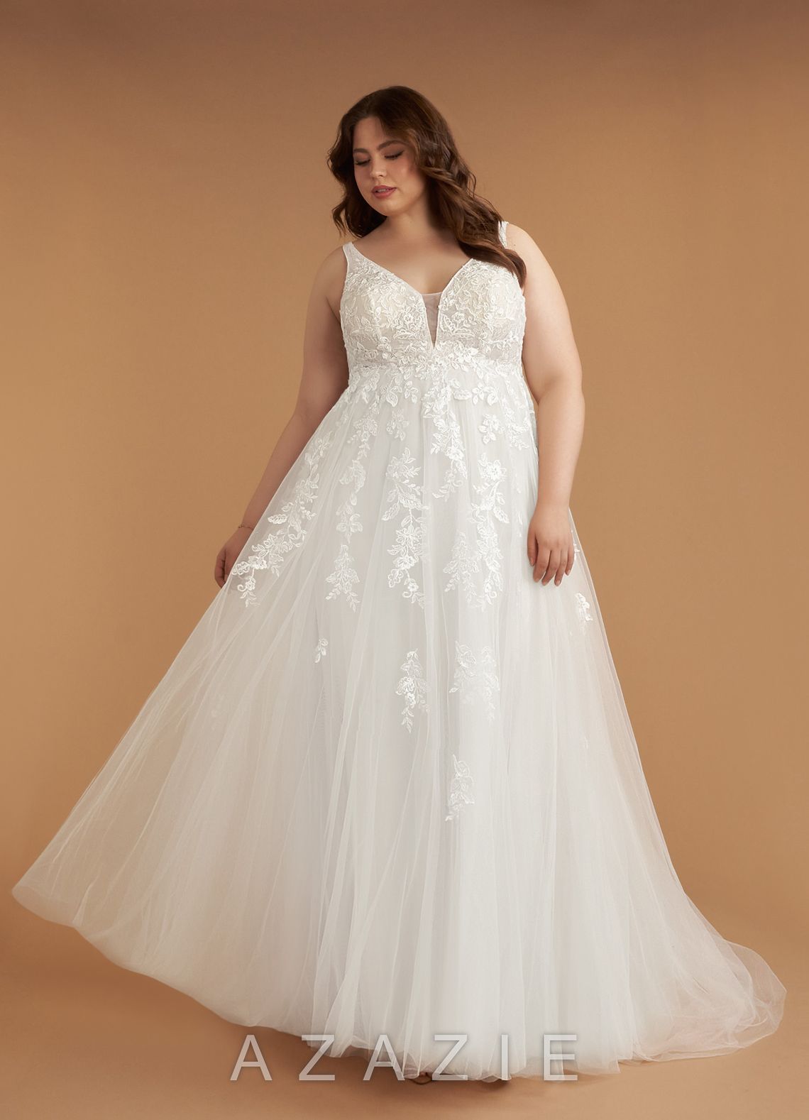 Azazie Sorella Wedding Dress Diamond White A-Line V-Neck Sequins Tulle Dress
