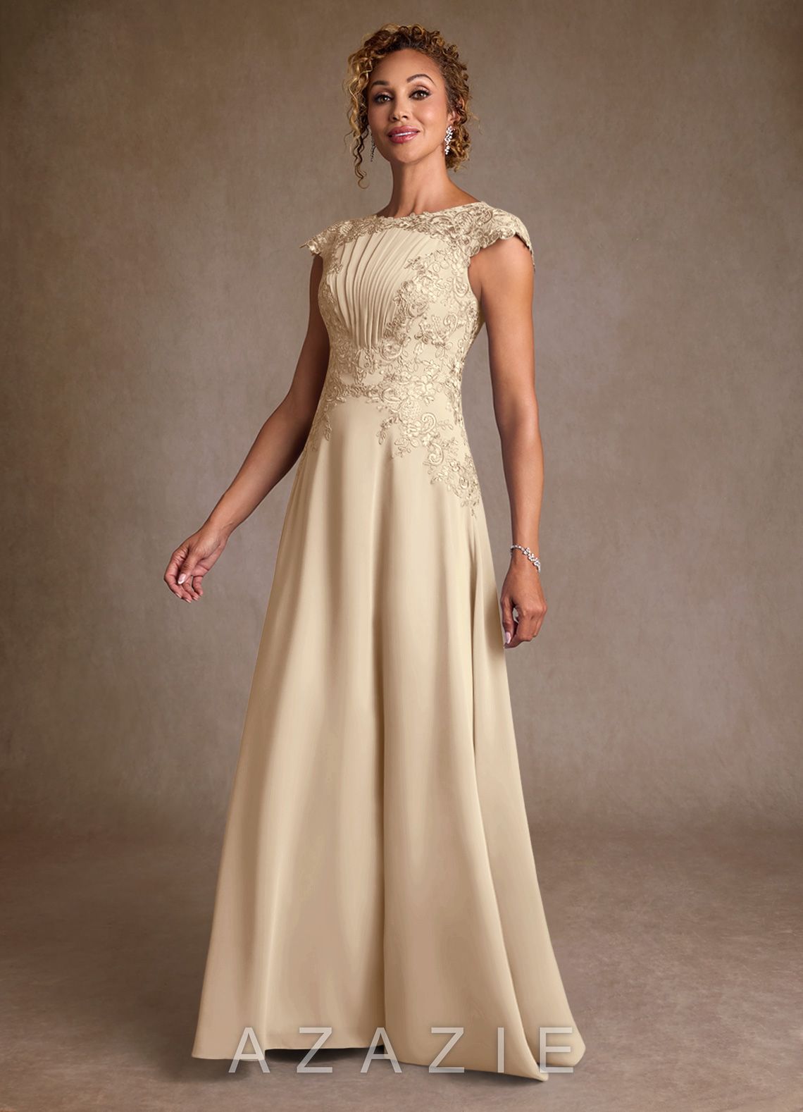 Azazie Christi Champagne A-Line Lace Chiffon Dress champagne