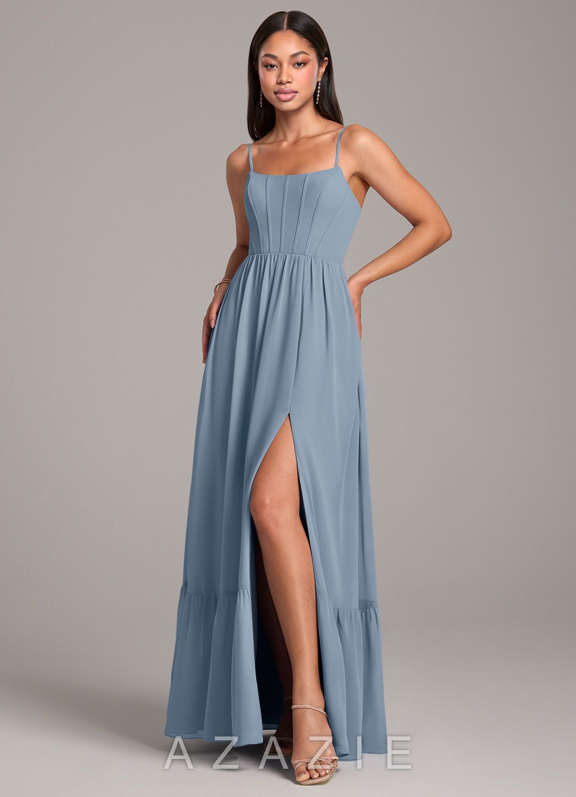 Azazie Kailee Dusty Blue A-Line with Pockets Chiffon Dress dusty_blue