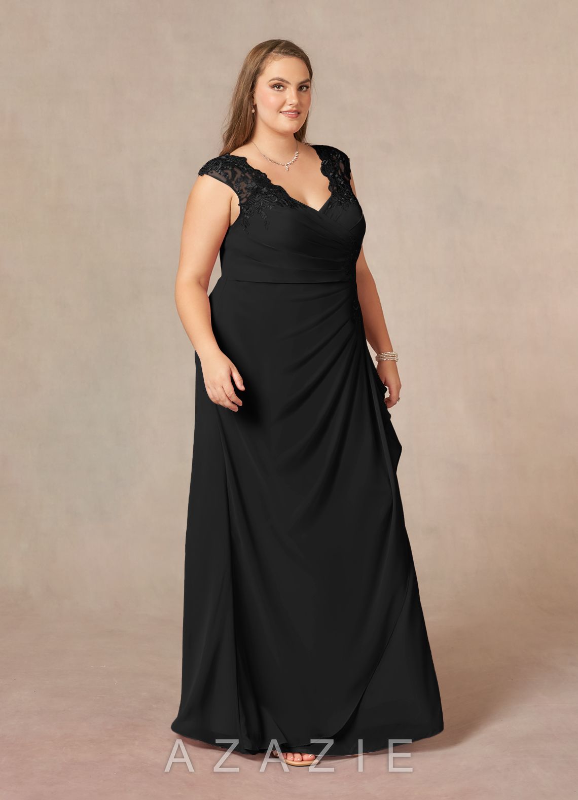 Azazie Gladys Black A-Line Queen Anne Lace Chiffon Dress black
