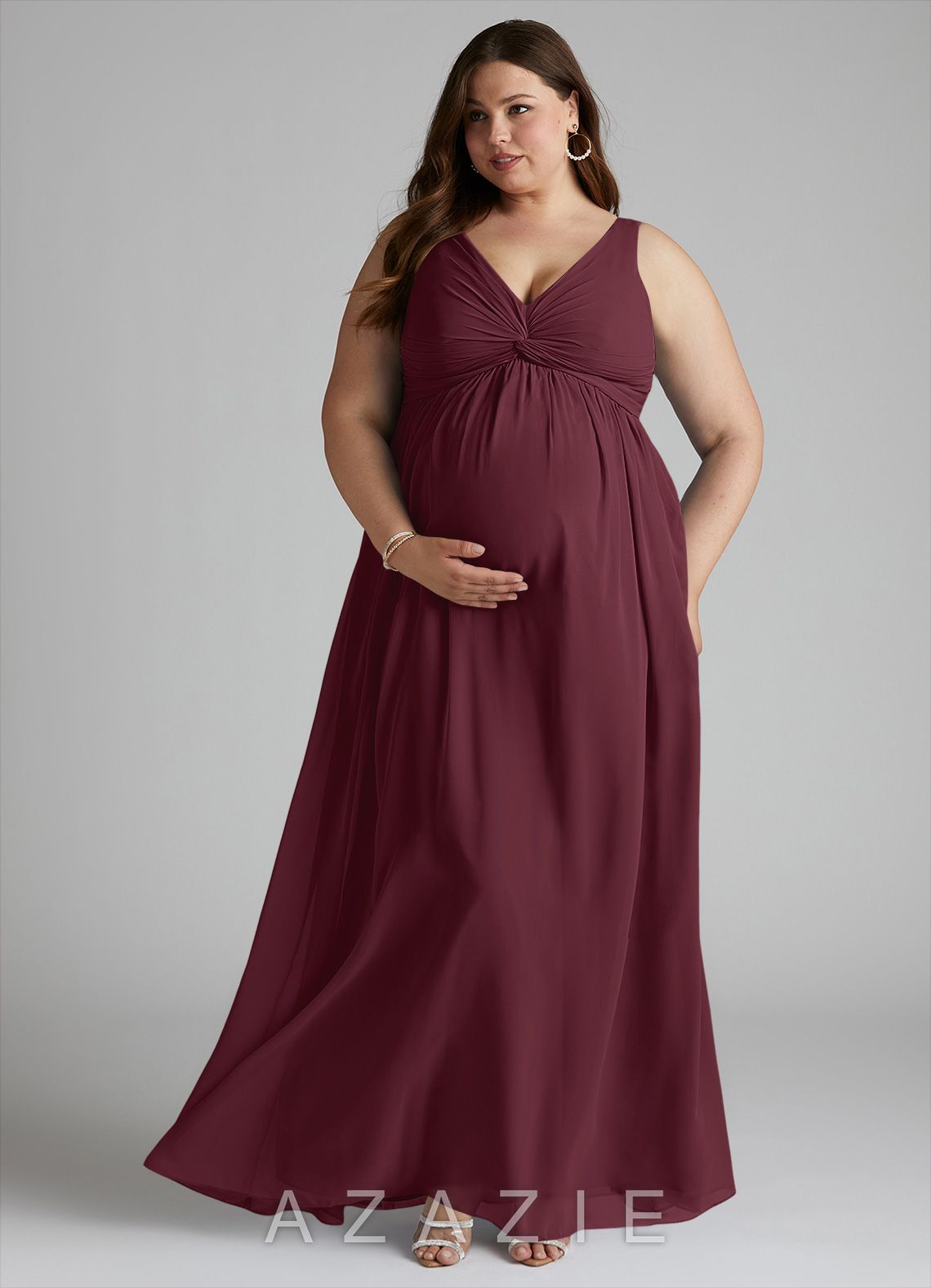 Azazie Yetta A-Line V-Neck Gathered Chiffon Floor-Length Dress