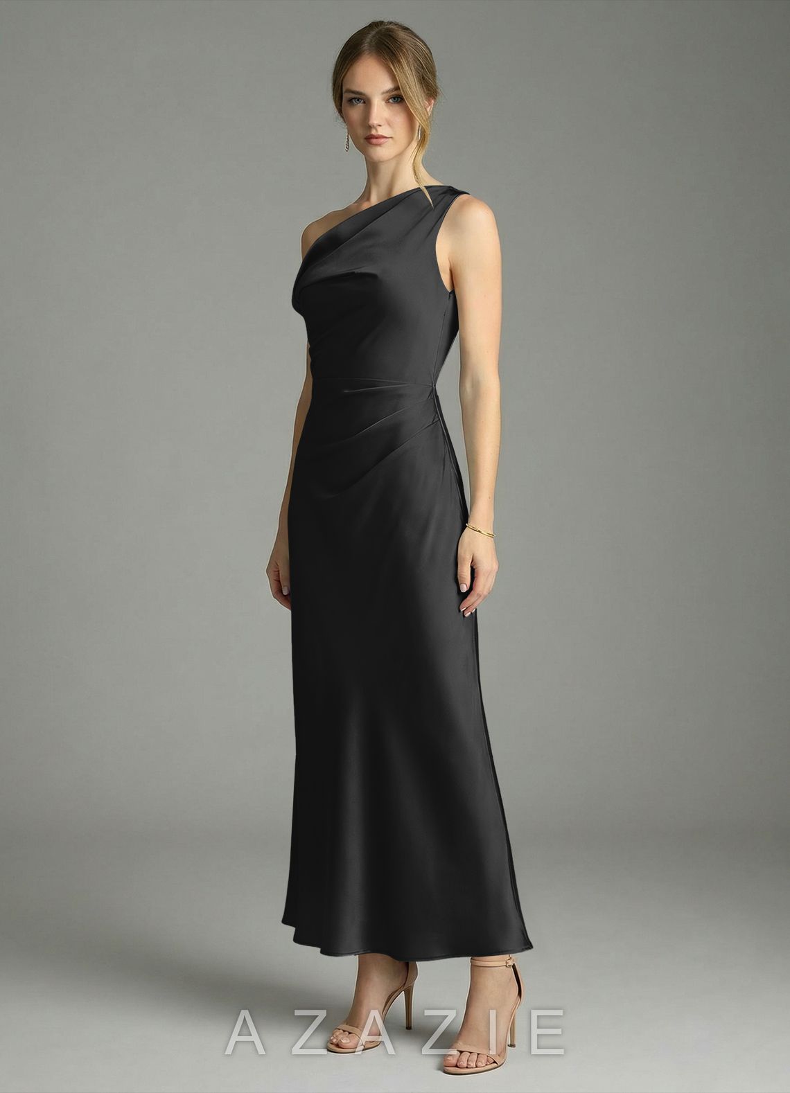 Azazie Emerson Black Mermaid Off the Shoulder Stretch Satin Dress black