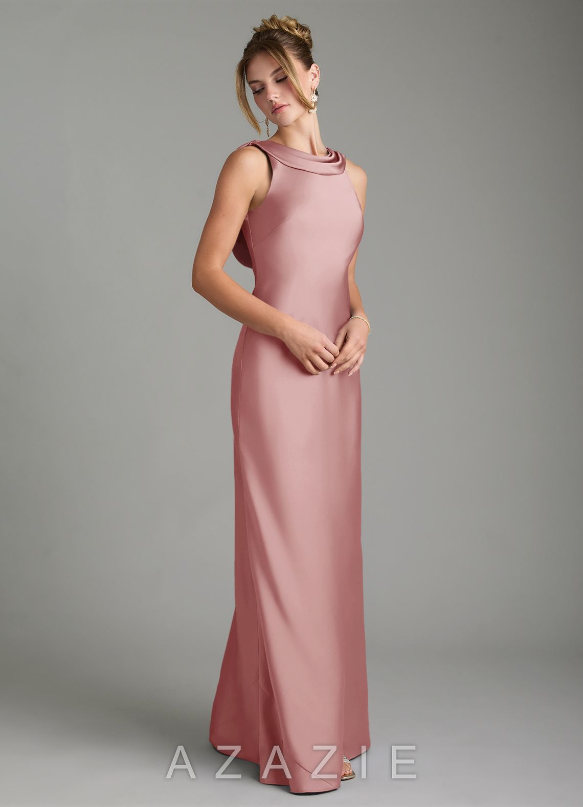 Azazie Aussie Dusty Rose Sheath Pleated Stretch Satin Dress dusty_rose