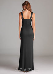 Azazie Denice Black Sheath Pleated Stretch Satin Dress black