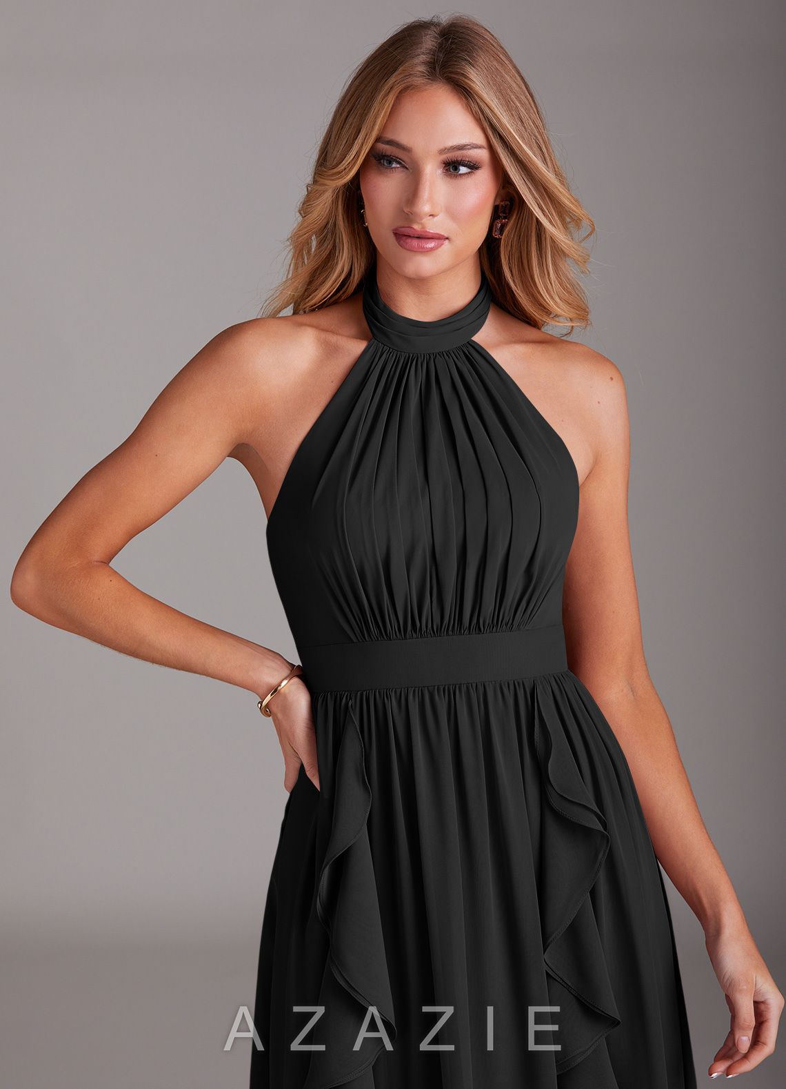 Azazie Avary Black A-Line Pleated Chiffon Dress black