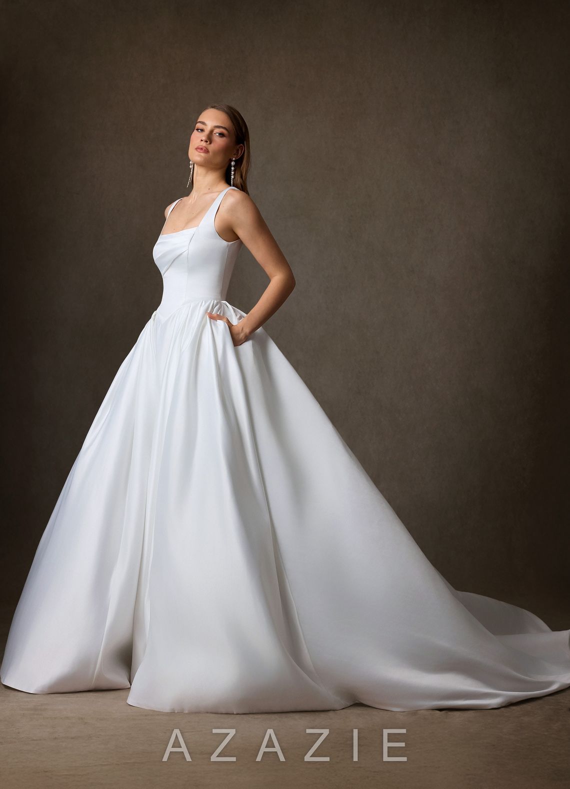 Azazie Celeste Diamond White Ball-Gown with Pockets Satin Dress diamond_white