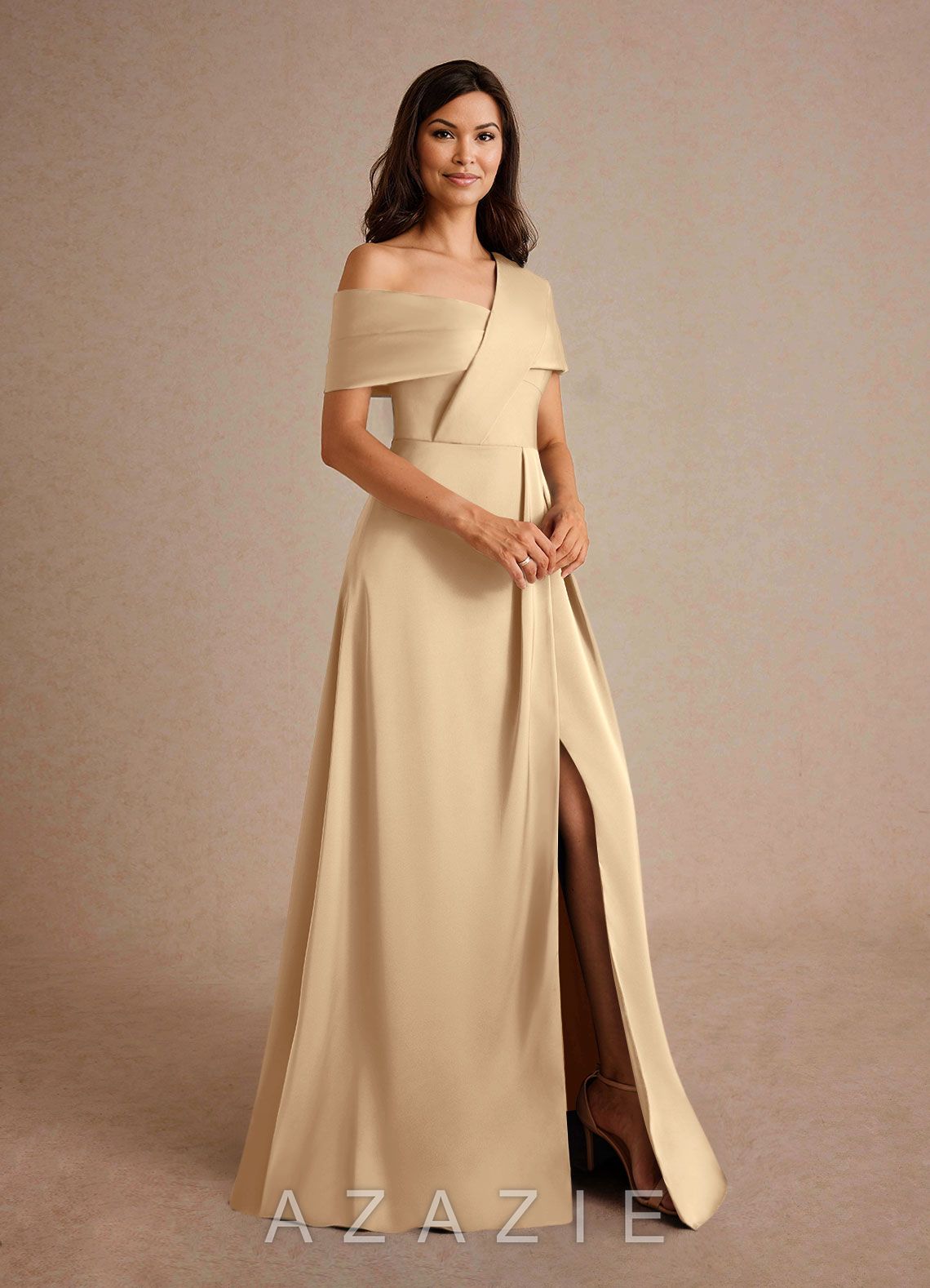 Azazie Milton Champagne A-Line Pleated Stretch Satin Dress champagne