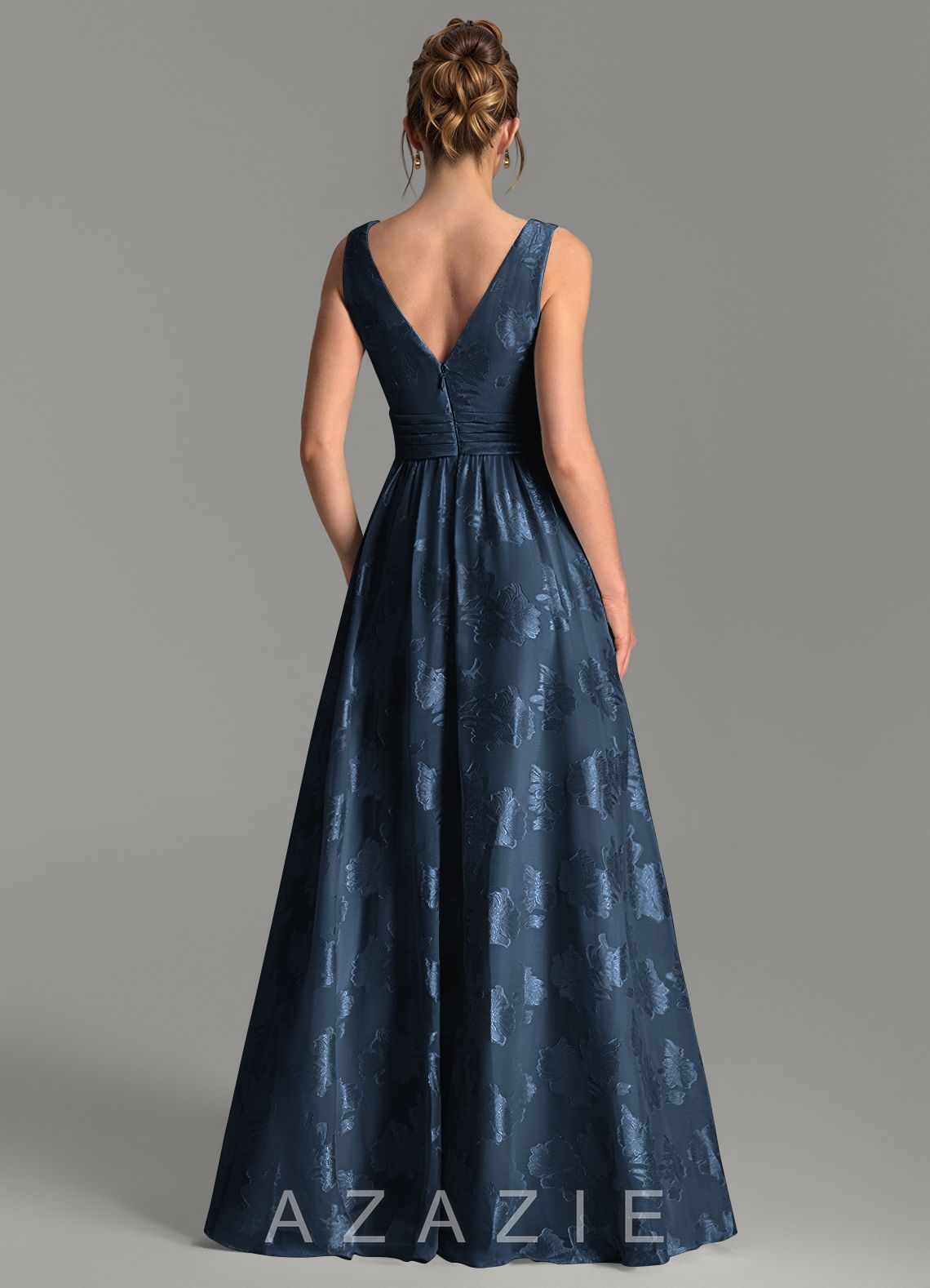 Azazie Vanessa Dark Navy A-Line Pleated Floral Jacquard Burnout Dress dark_navy