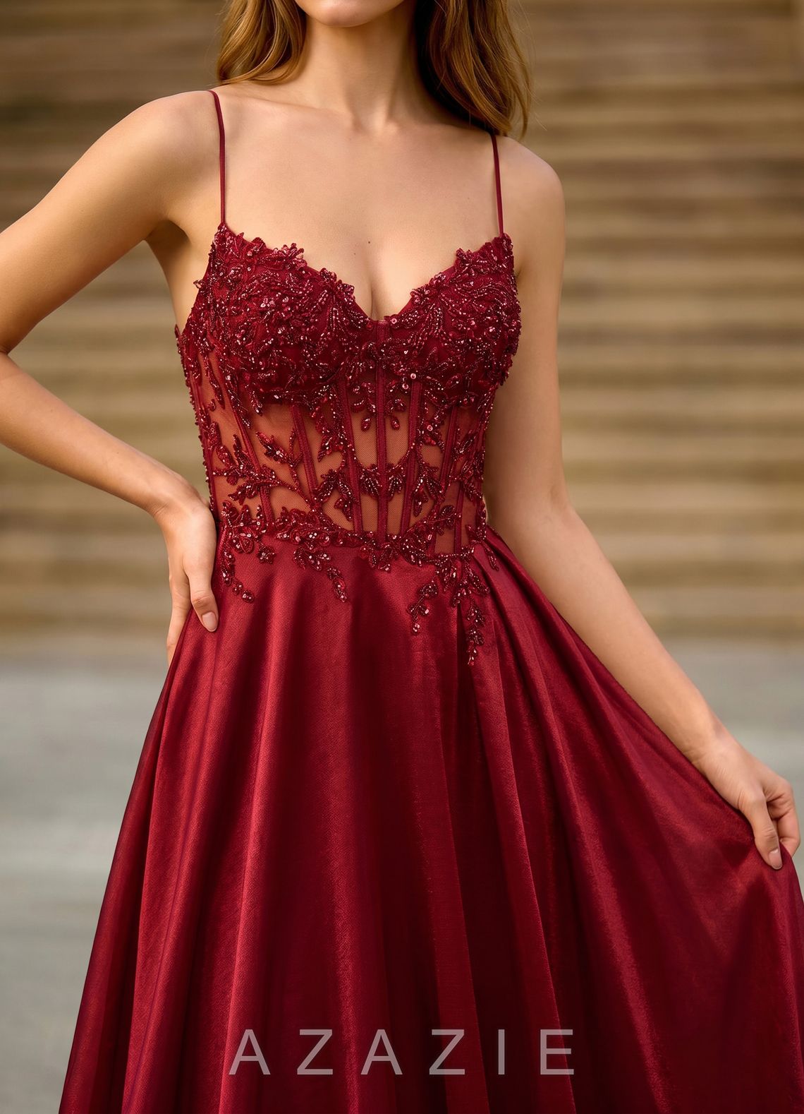 Cemtine Burgundy Lace Sequin Embroidery Satin Wedding Guest