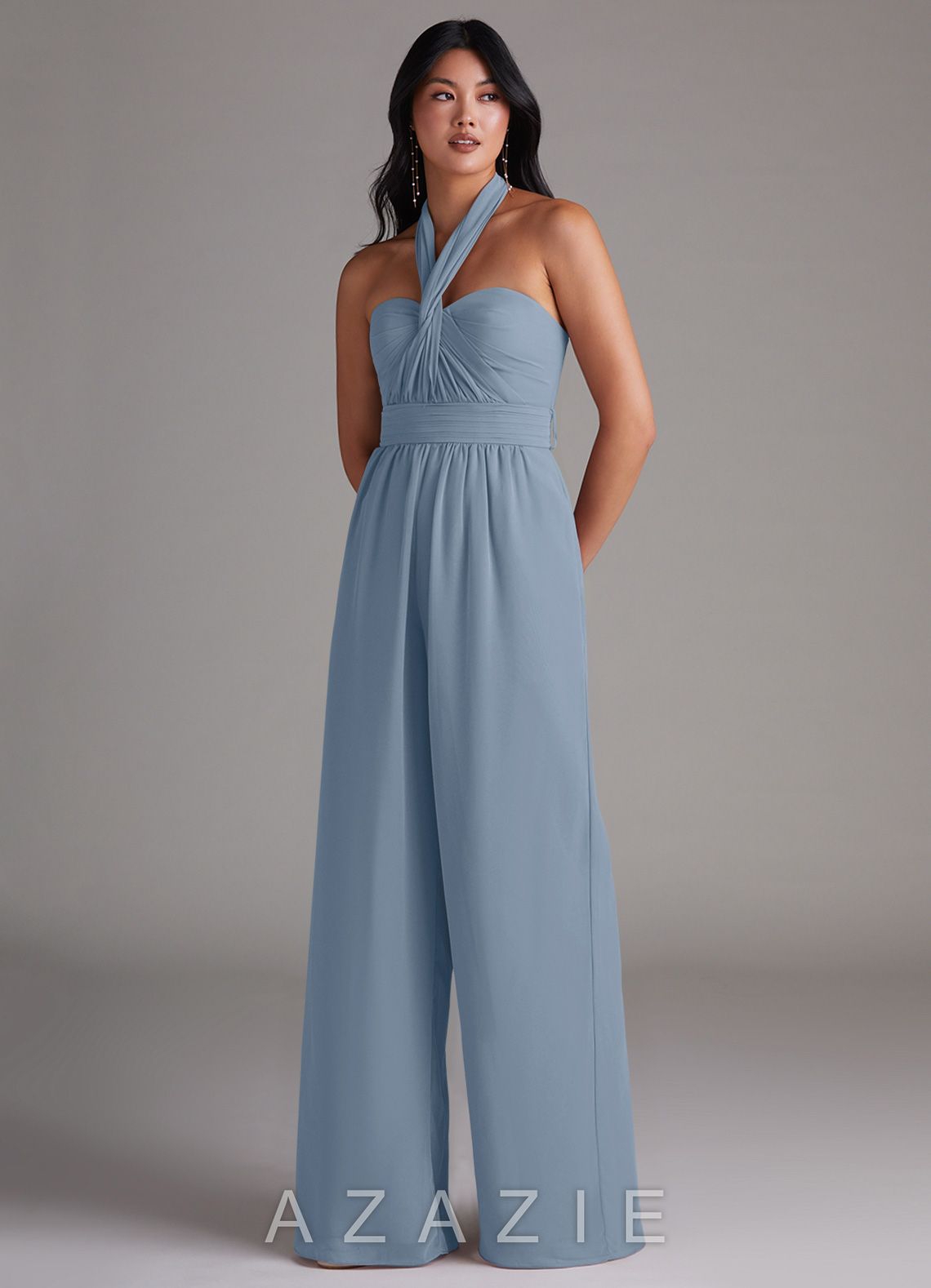 Azazie Lamara Dusty Blue Off the Shoulder Chiffon Convertible Jumpsuit dusty_blue