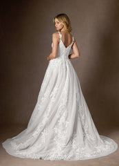 Azazie Delaina Wedding Dress Diamond White A-Line V-Neck Sequins Tulle Dress diamond_white