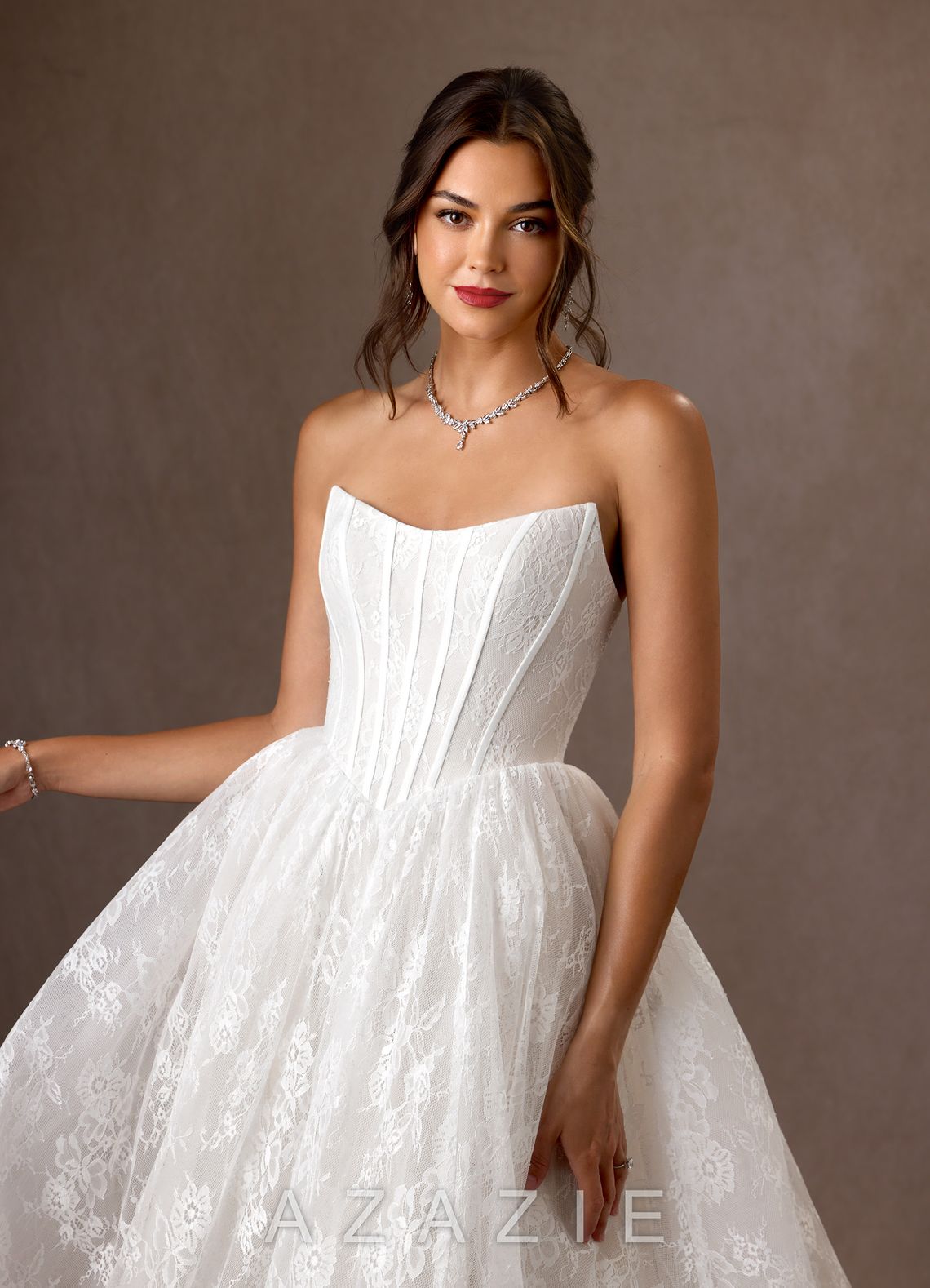 Azazie Demetria Diamond White Ball-Gown Strapless Lace Dress