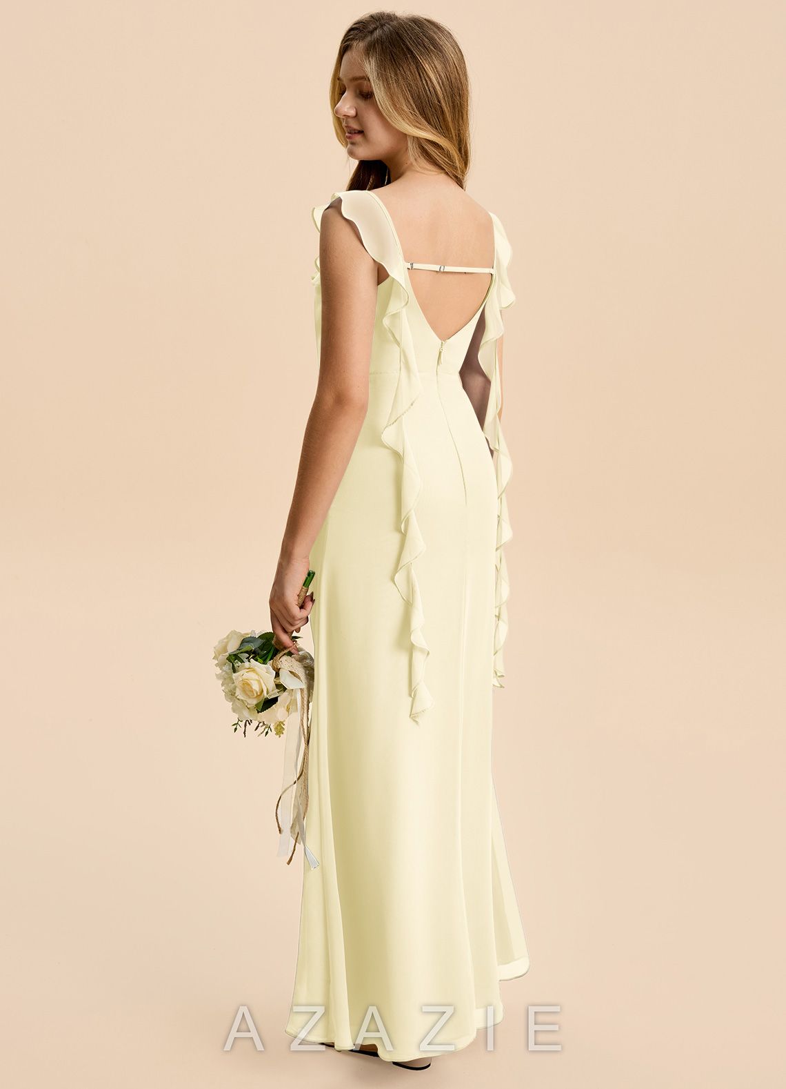 Azazie Cindy Junior Lemon Sorbet A-Line Ruched Chiffon Dress lemon_sorbet