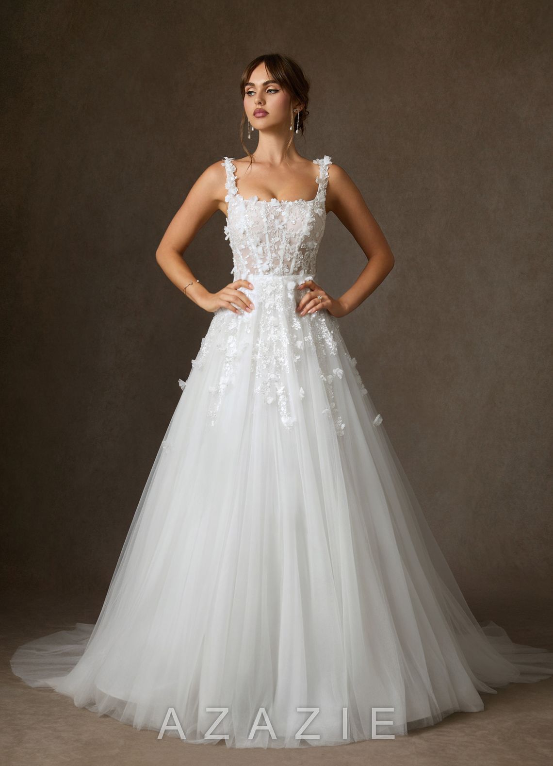 Azazie Sabine Diamond White Ball-Gown Square Neckline Lace Dress diamond_white