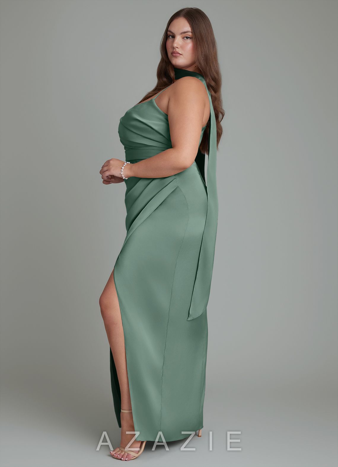Azazie Calandra Eucalyptus Sheath Pleated Stretch Satin Dress eucalyptus