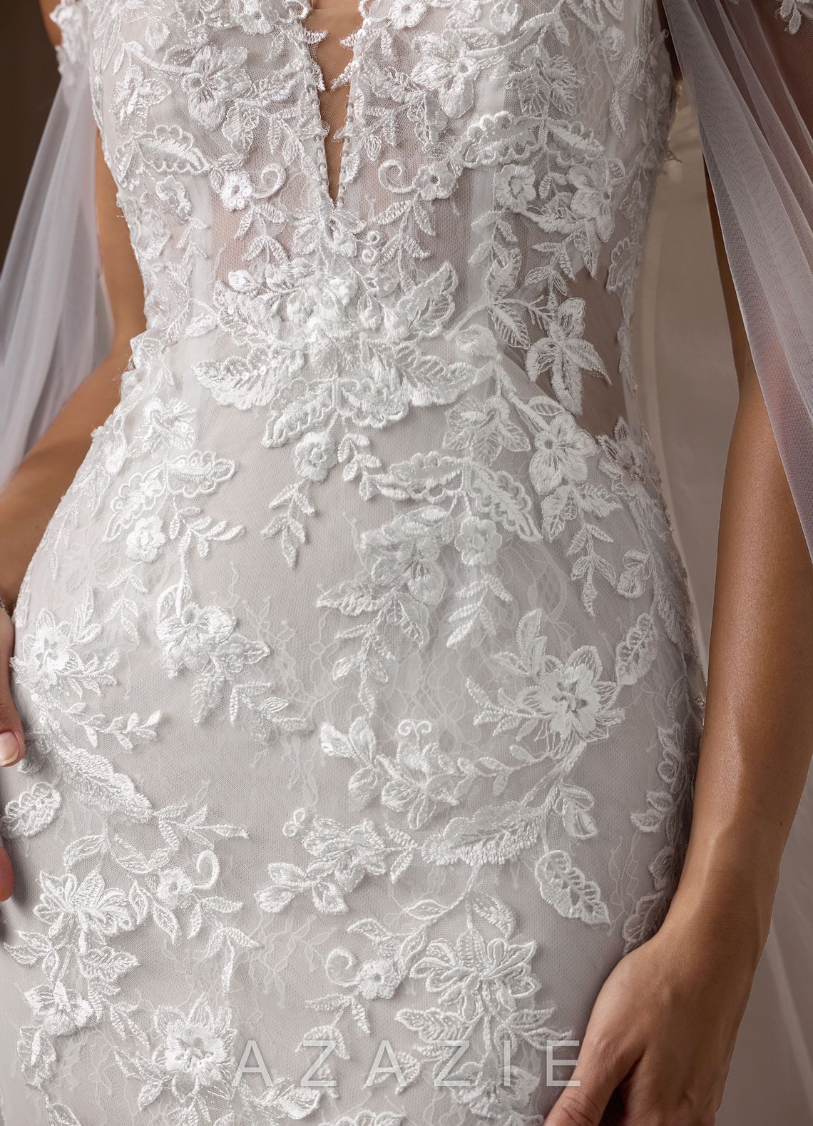 Azazie Leonie Wedding Dress Diamond White Mermaid V-Neck Sequins Tulle Dress diamond_white