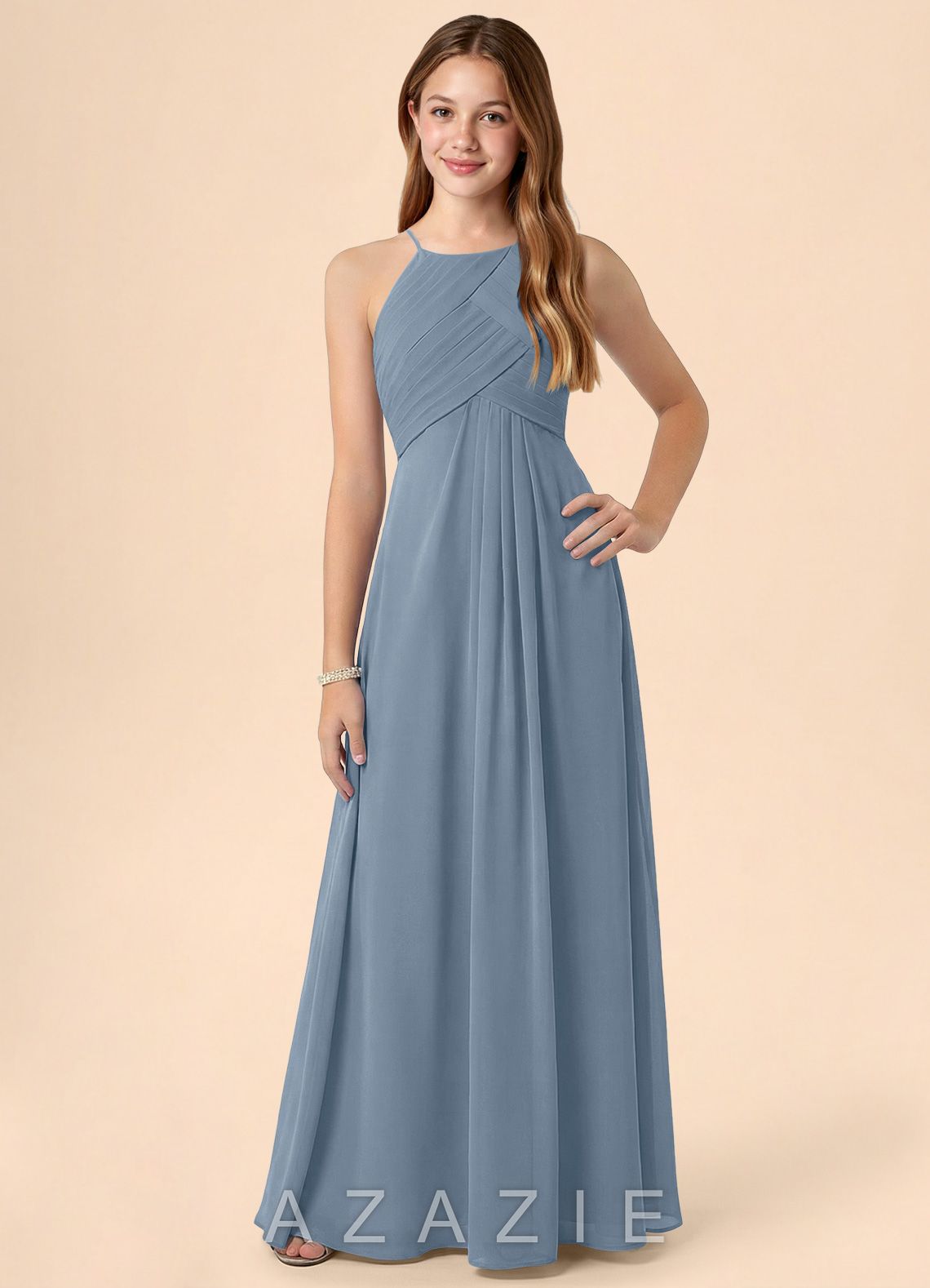Azazie Ginny Junior Dusty Blue A-Line Pleated Chiffon Dress
