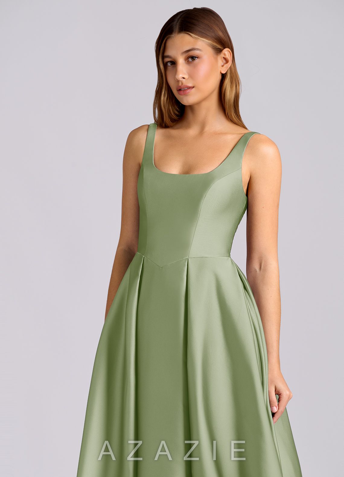 Azazie Amalie Dusty Sage A-Line Pleated Stretch Satin Dress dusty_sage